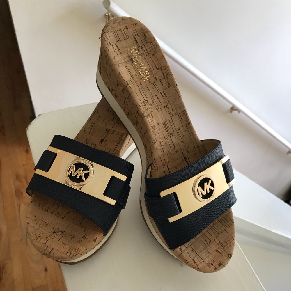 Michael Kors Navy Blue Warren Wedge Sandals sz 8.5